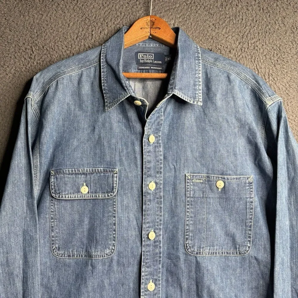 Vtg Polo Ralph Lauren Vintage Dungaree Work Shirt XL 52” RRL Style Indigo Denim